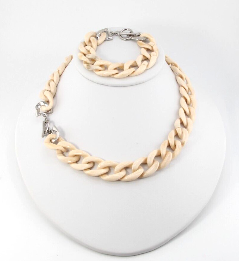 Vintage Bohemian Set Bracelet & Necklace Marbled Cream Tone Acetate Twist Chain