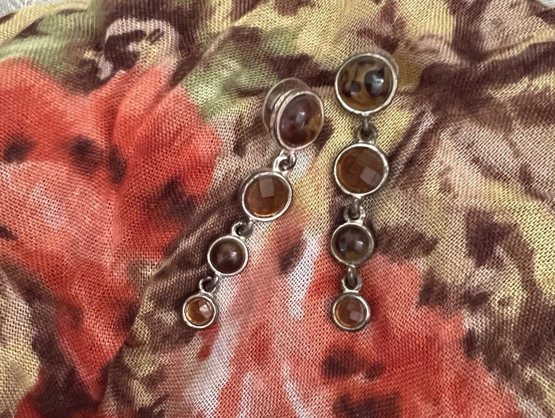 Vintage Silver Tone Dangle Drop Earrings l Round Brown Stones l 2in l 4 Gems