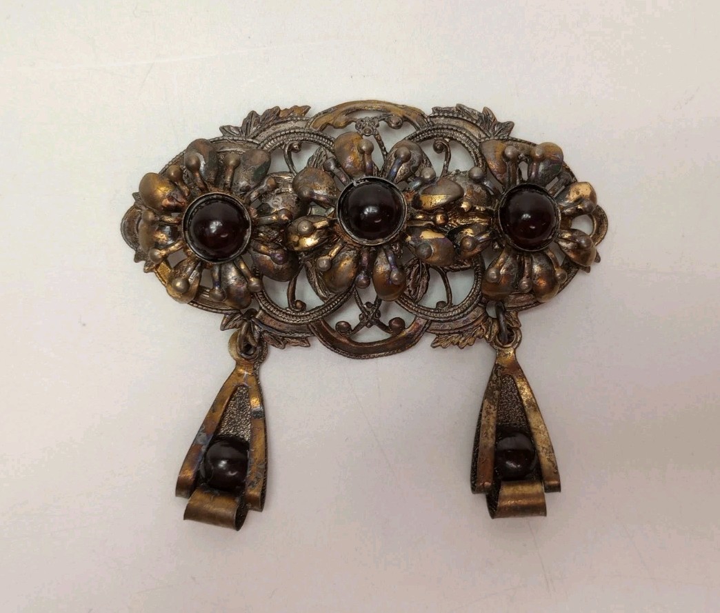 Victorian Floral Dangle Brooch Goldtone Deep Red Cabochons
