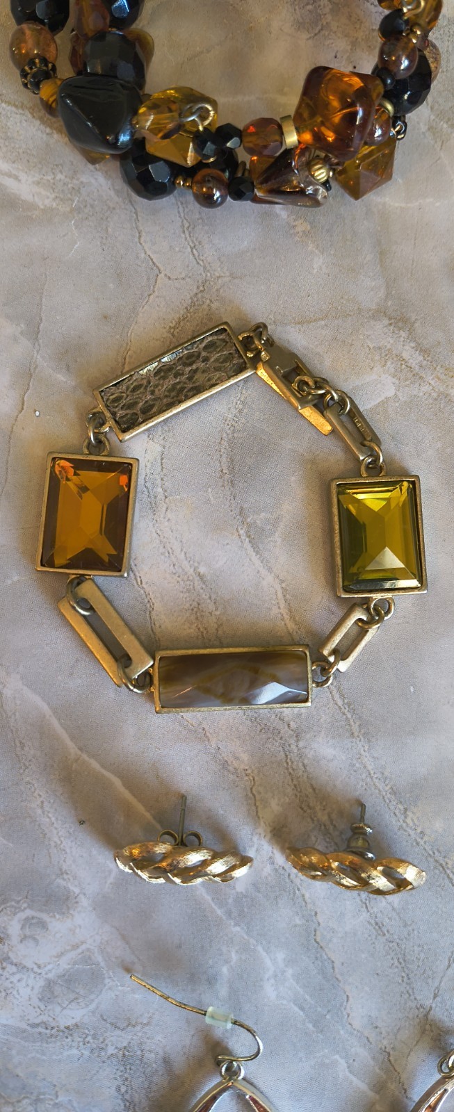 Vintage Jewelry Lot Necklace Earring Bracelet Goldtone Amber Brown Bronze Color