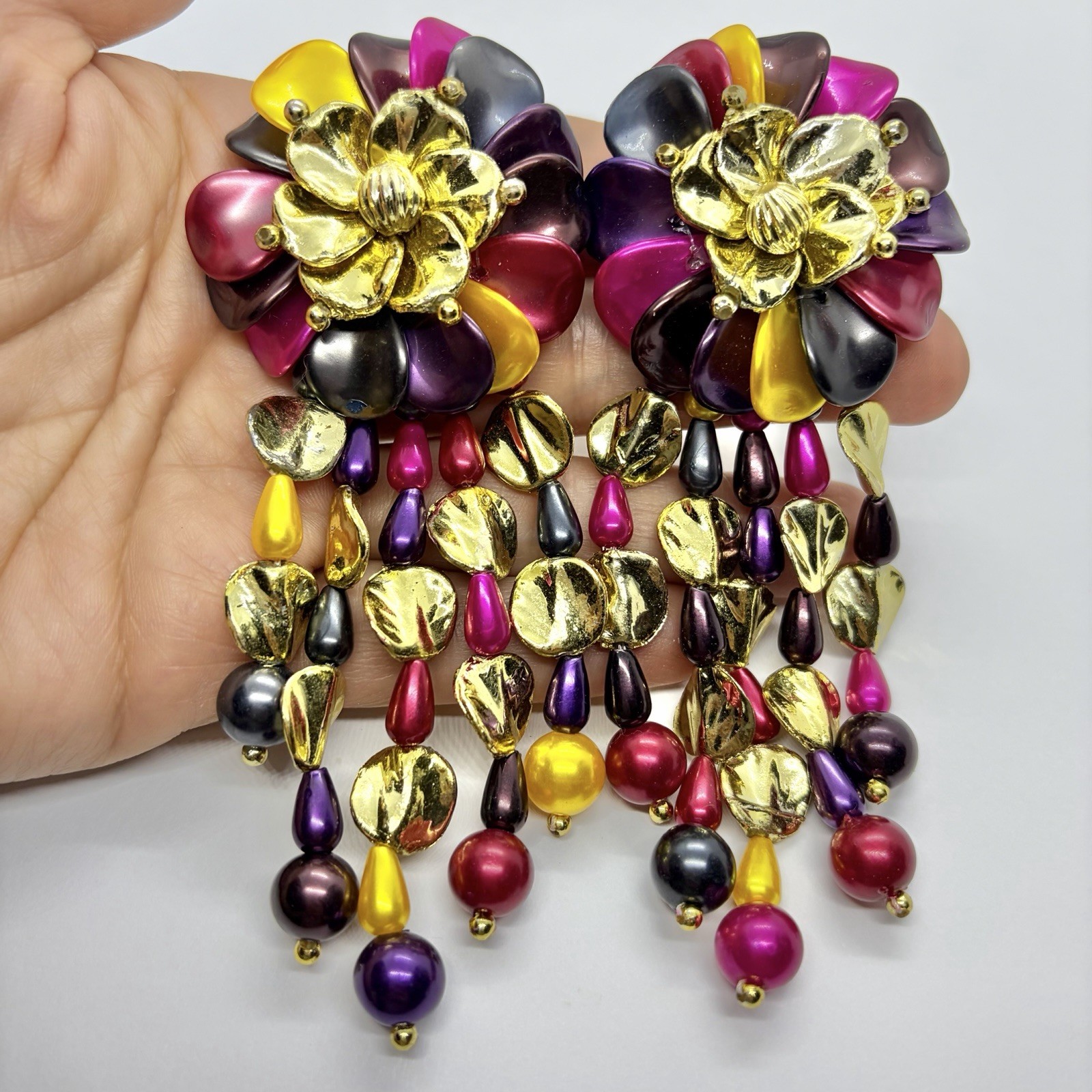 Vtg XL Runway Lucite Multicolor Chandelier Beaded Statement Earrings Clip-on Big