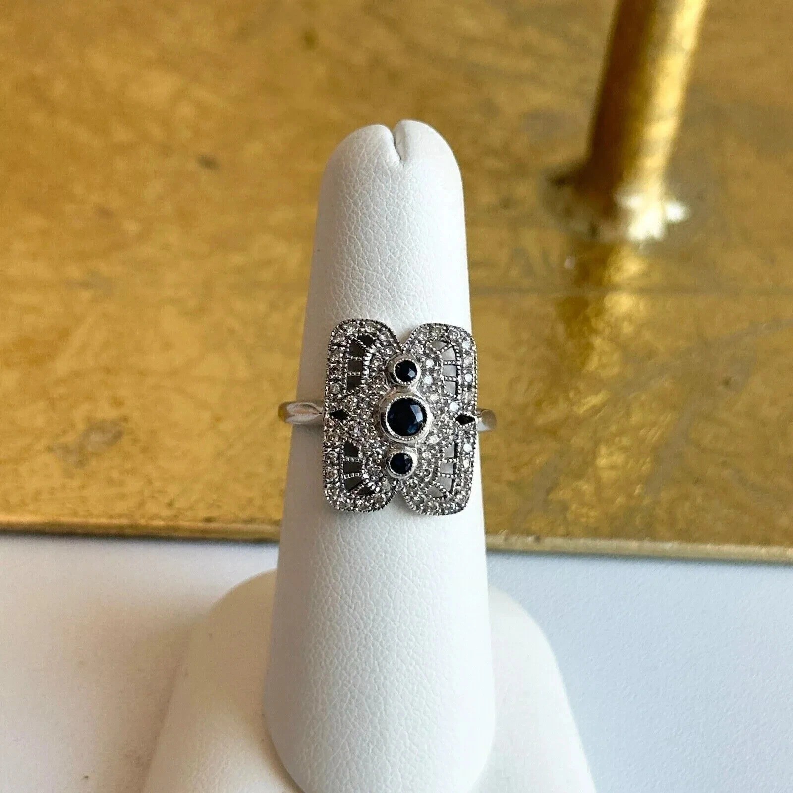 Art Deco Style Filigree Lab Created Sapphire Wedding 14K White Gold Finish Ring