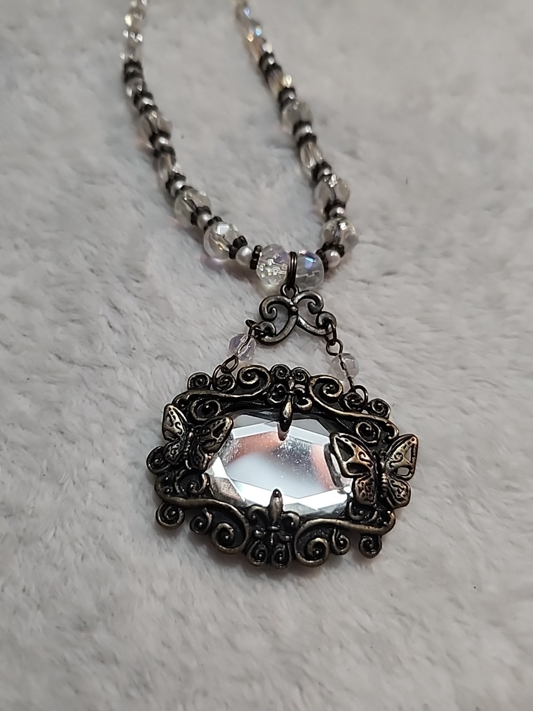 Fairycore Beaded Necklace w/ Mirror Pendant Bronze Color Plastic Beads