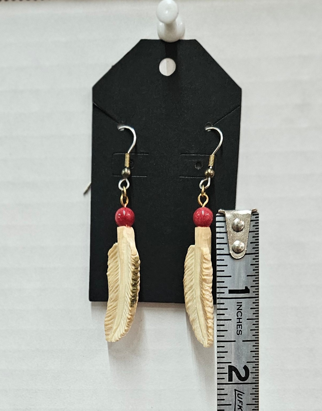 Vintage Carved Buffalo Bone Feathered Dangle Earrings