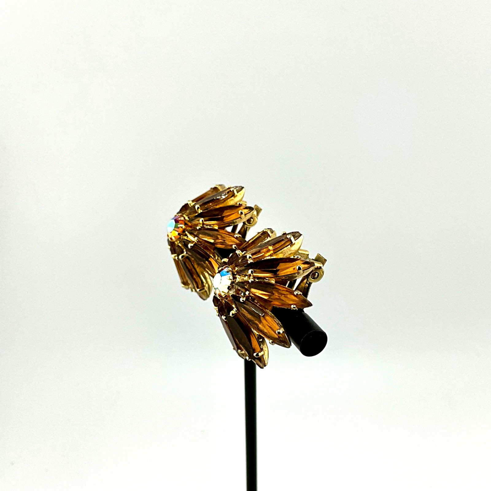 Vintage Mid Century Juliana Clip-On Earrings Navette Domed Amber AB Crystal