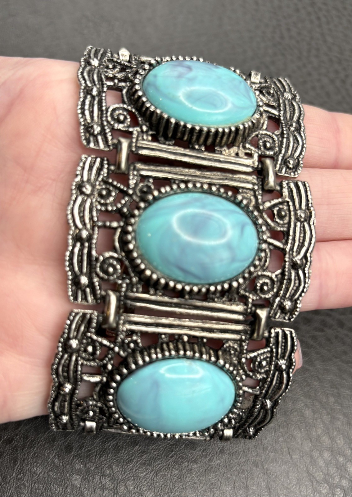 VTG Wide Chunky Panel Bracelet Faux Turquoise Boho Silver Tone Filigree