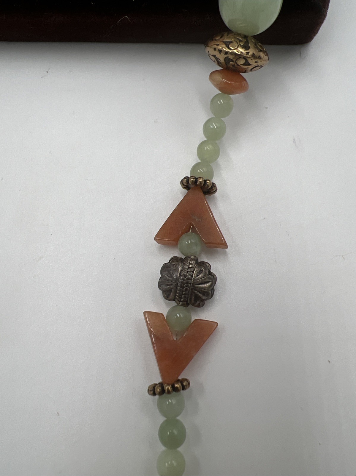 Vintage Leonard Craig Designer Necklace Real Stone Green Leaves Heart Longline