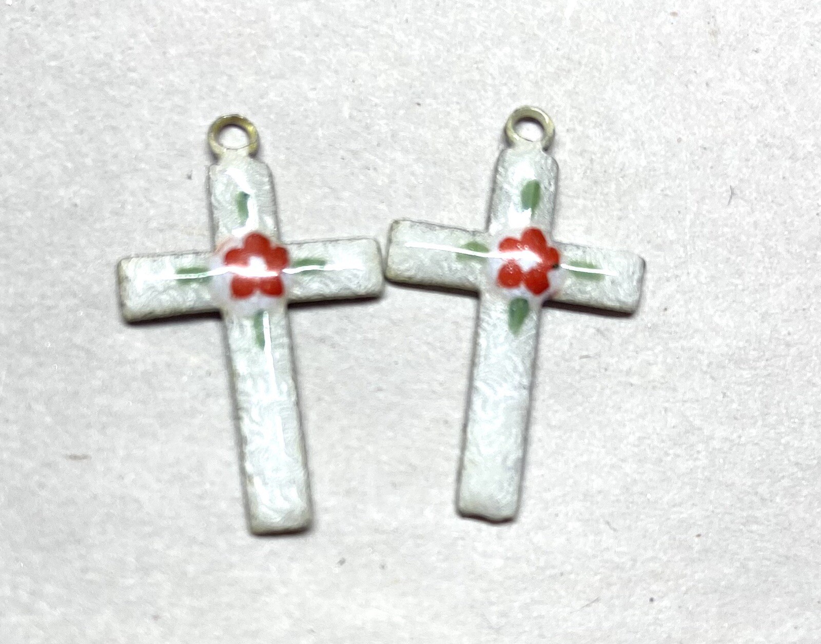 60x Vtg. Guilloche Enamel Charm – Simple Cross charm shape-Red Flower on White
