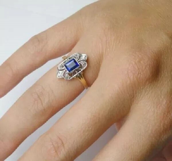Art Deco Style 2.1Ct Lab Created Blue Sapphire Anniversary Ring 14K Gold Finish