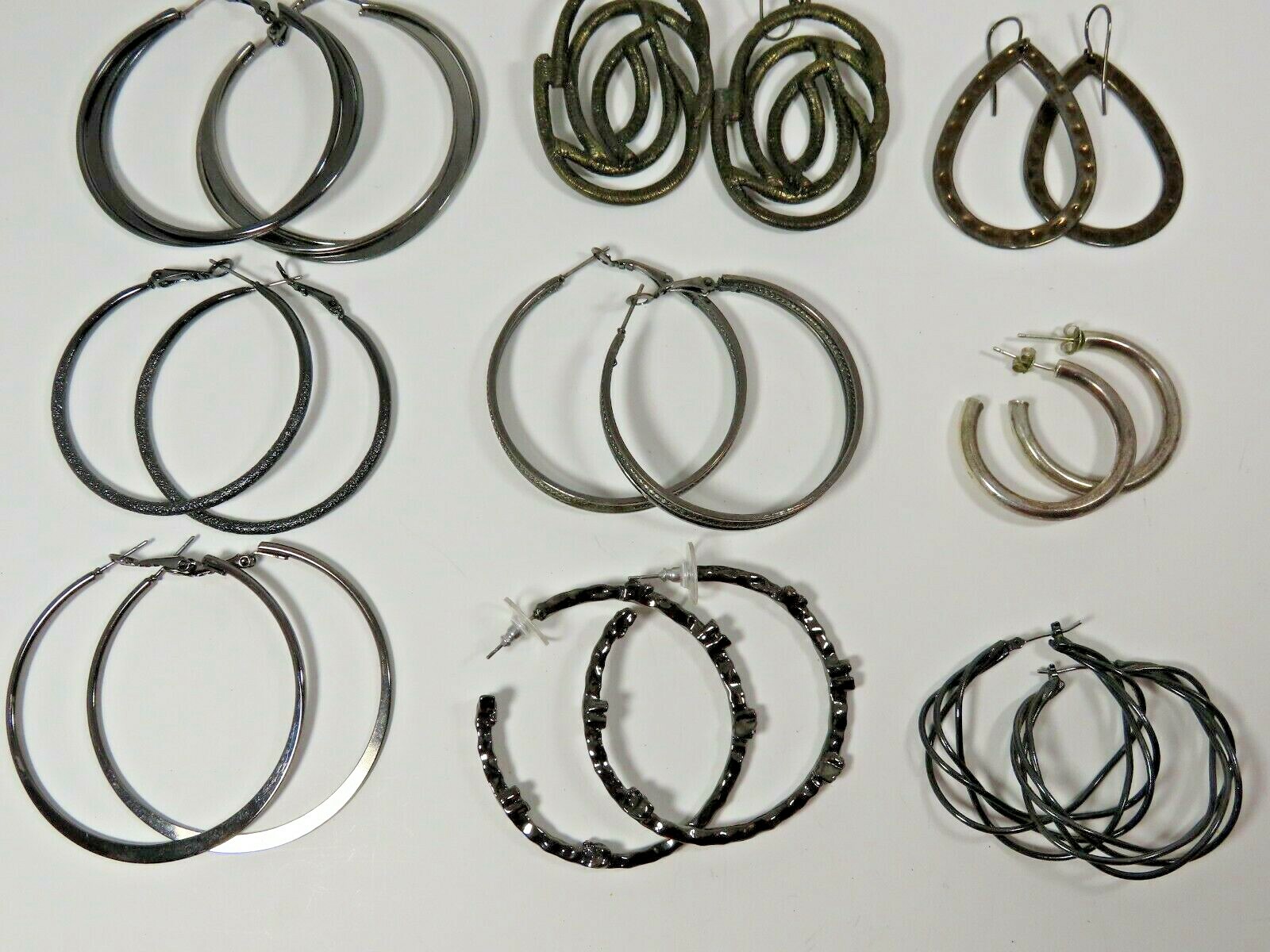 Hoops Dangle Earrings Lot Oxidized Blackened Mixed Vintage Mod Silver Tone B7904