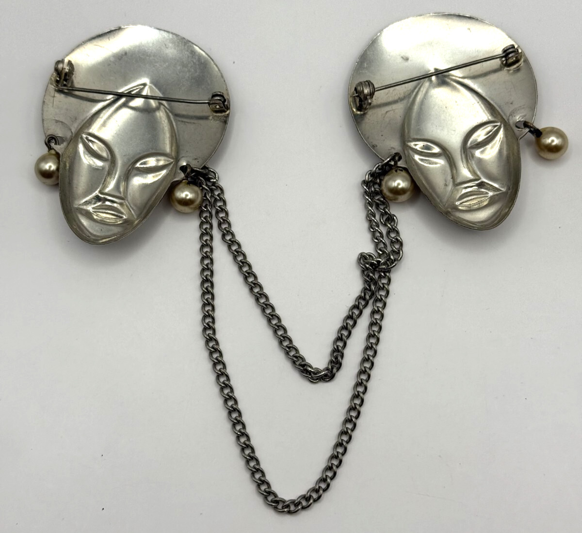 Silver Tone African Sweater Double Pin – Faux Pearl Accents – Retro Jewelry