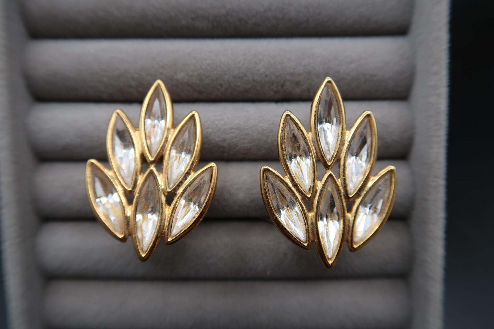 Vtg Yves Saint Laurent Spiked Leaf Design Crystal Earrings Signed Beautiful