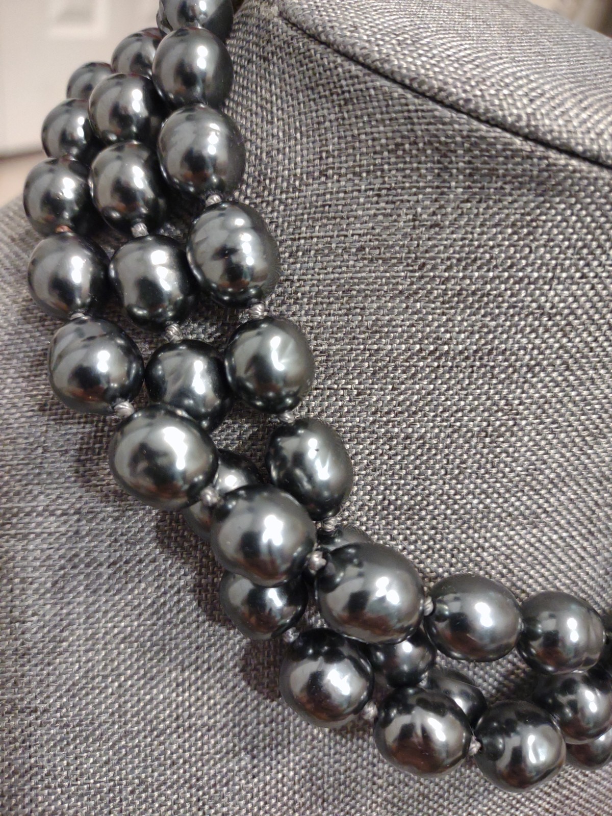 Carol Lee Dark Grey Individually Knotted Baroque Pearl Three Row Necklace 17 In