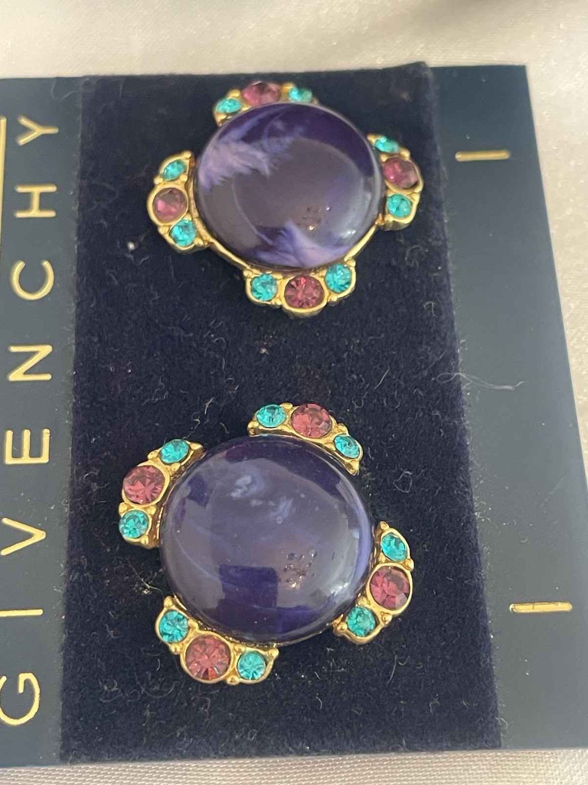 Bijoux Givenchy Clip EARRINGS DEEP PURPLE CABOCHON Green Purple Rhinestone *Read