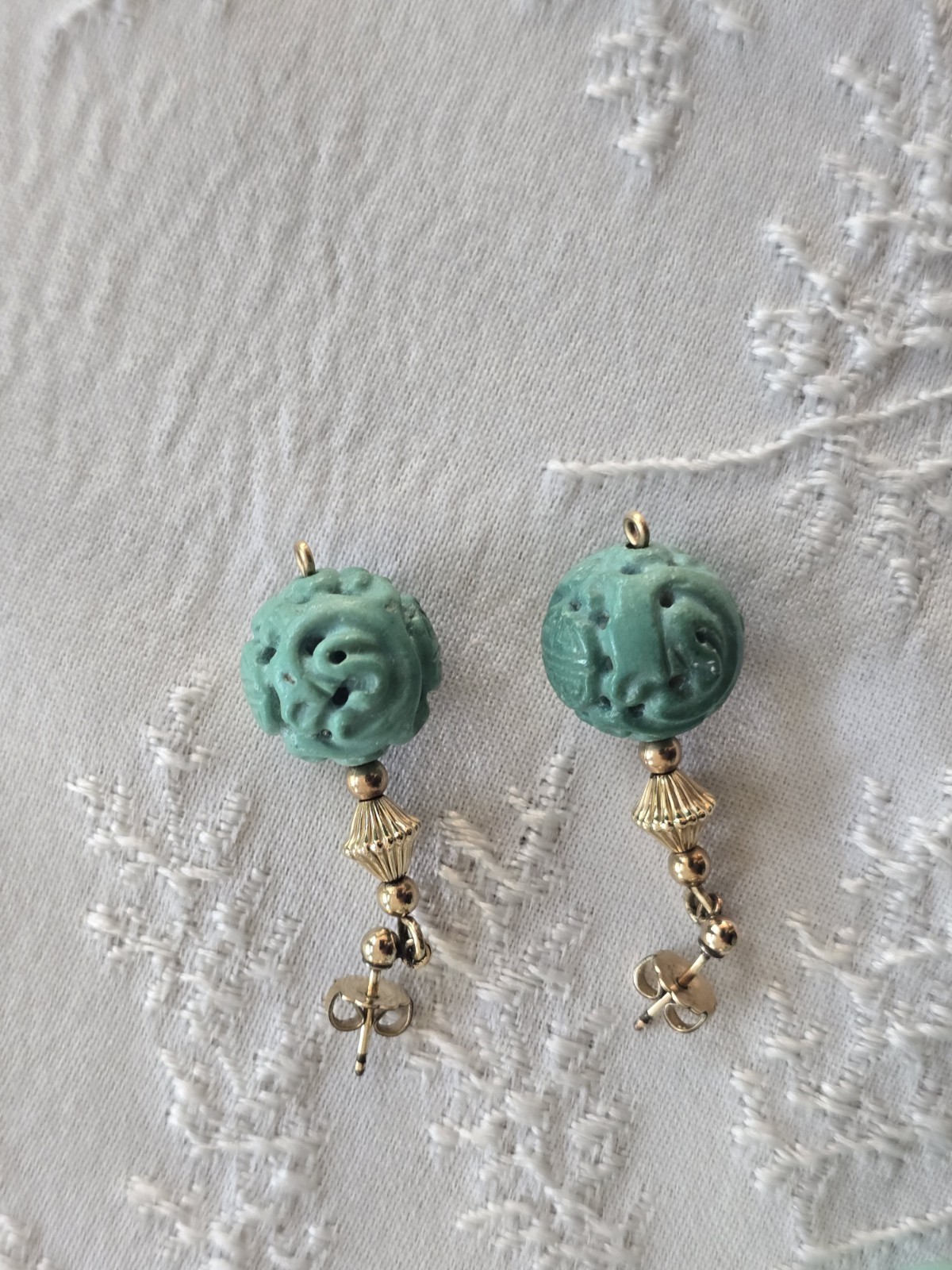Chinese Turquoise Shou Carved Bead Earrings & Necklace 21” Gold Plated Clasp