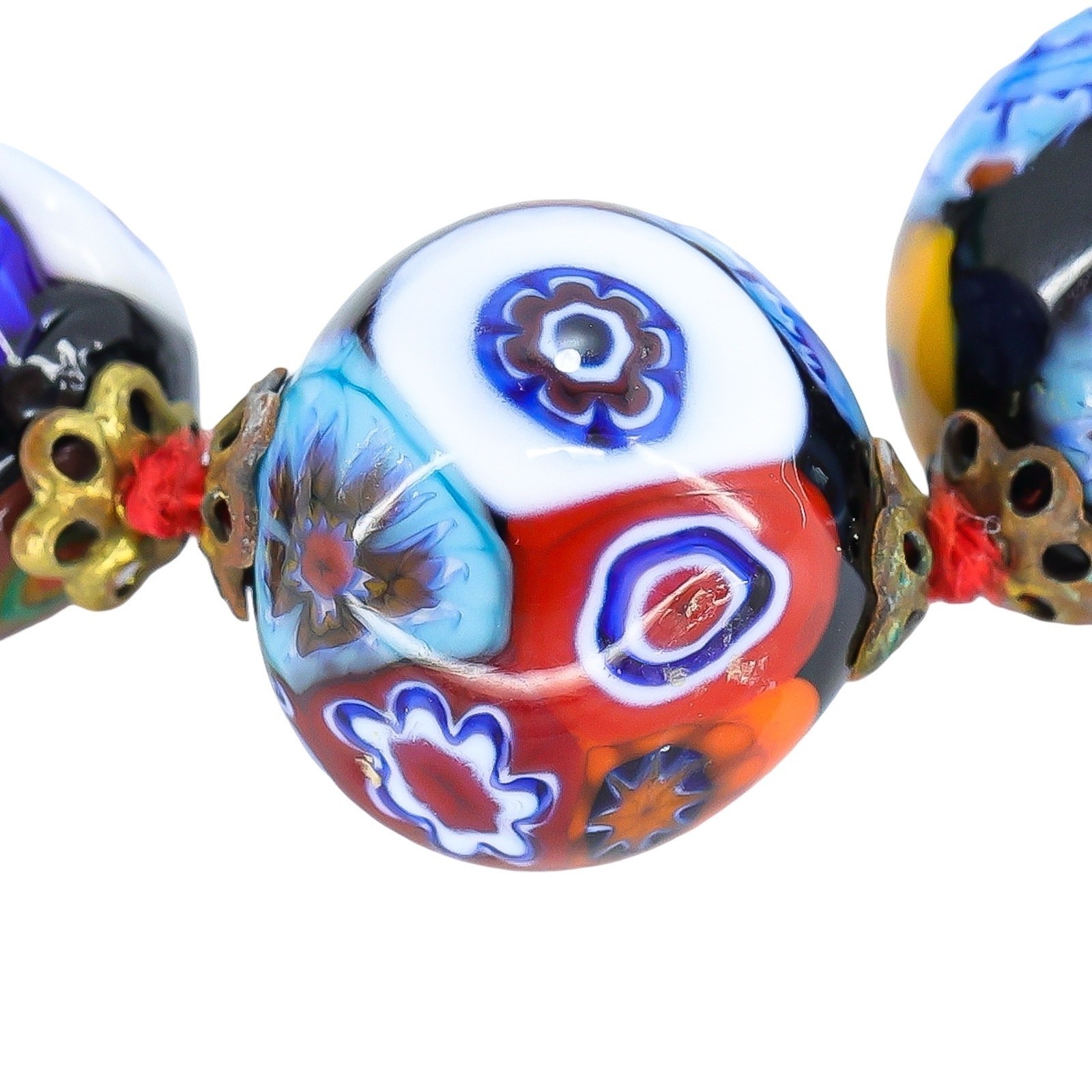 Vintage Venetian Millefiori Graduated Floral Bead Necklace 25in 8mm to 14mm