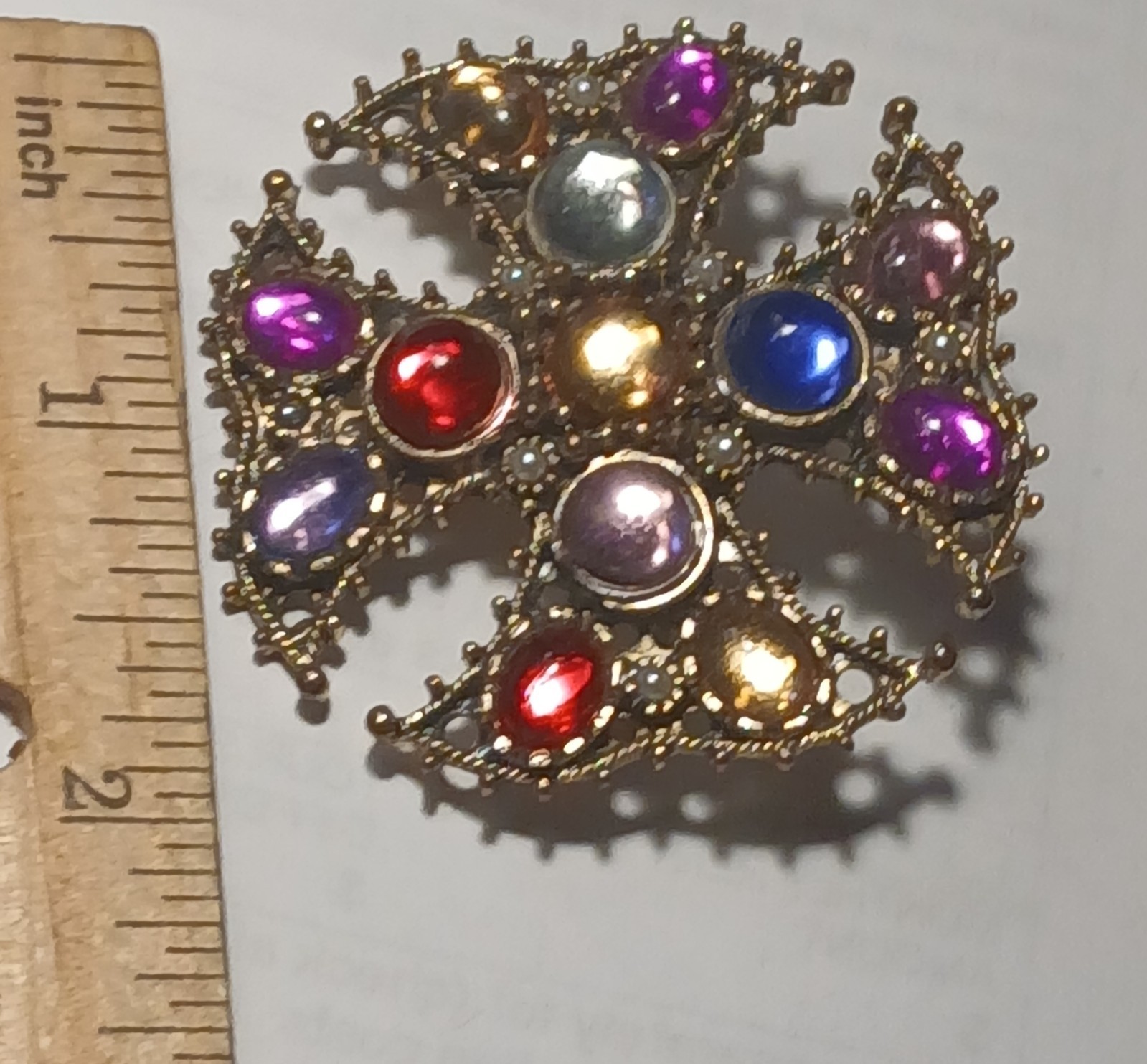Vintage multi color moon glass in gold metal setting brooch/ pin