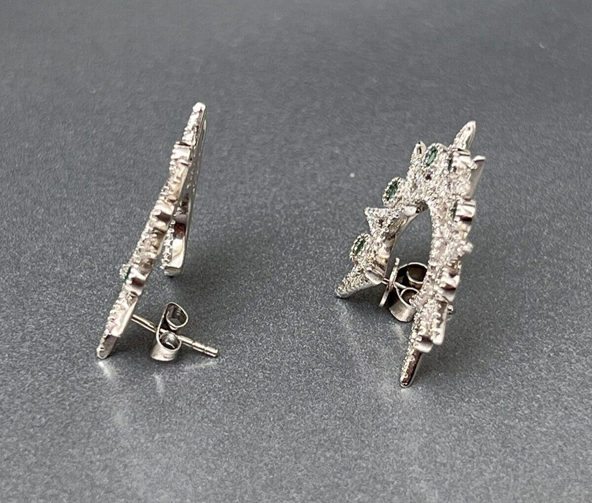 Vtg Sterling Star Point Statement Earrings, Emerald Green & Clear CZ Settings