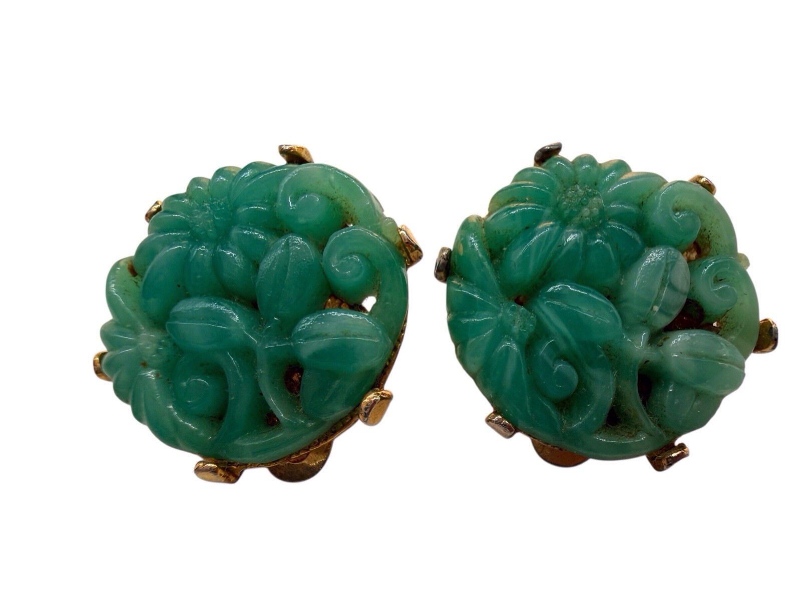 Vintage Peking Glass Earrings Asian Molded Green Faux Jade Flower Floral Round 2