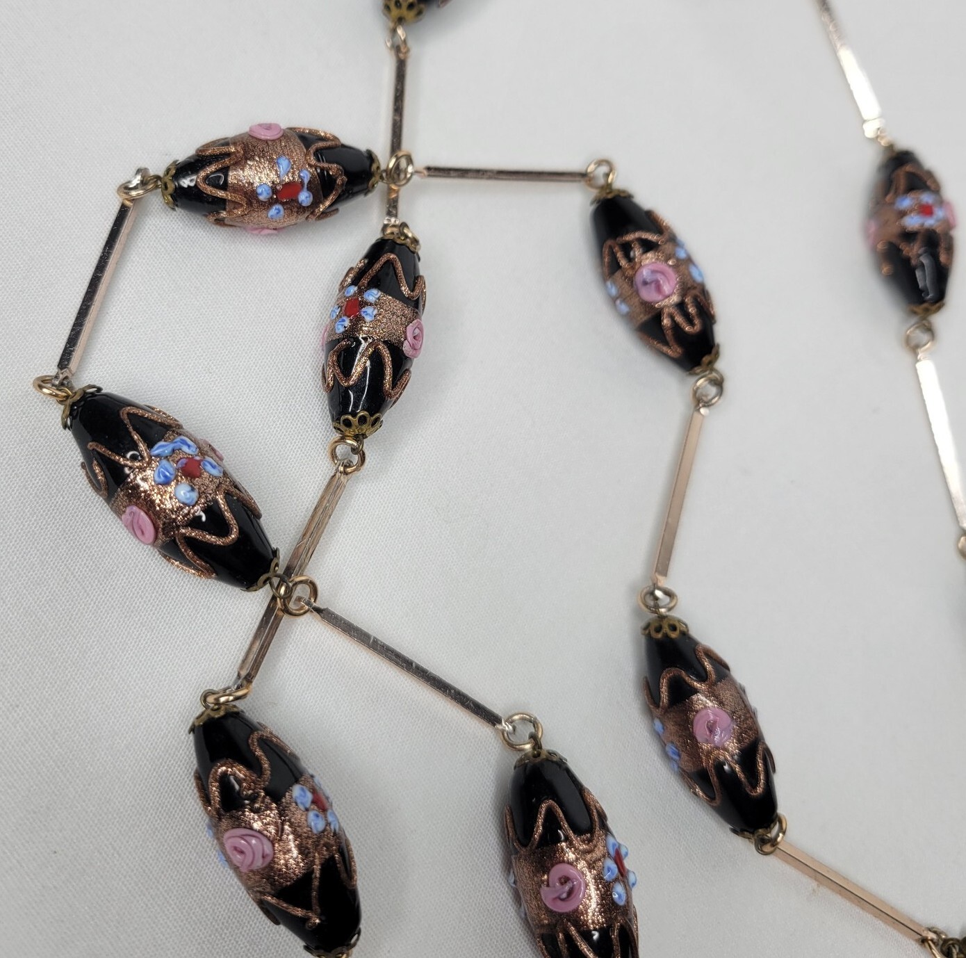 Vintage Venetian Glass Beaded Necklace Black Pink Blue Lampwork Beads Gold Tone
