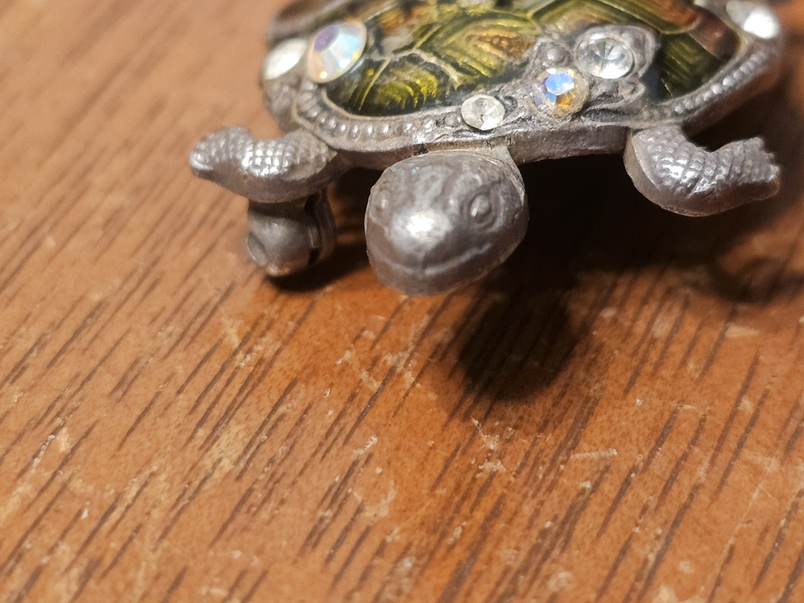 CATHERINE POPESCO FRANCE GREEN TURTLE INLAY ENAMEL & Rhinestones PEWTER BROOCH