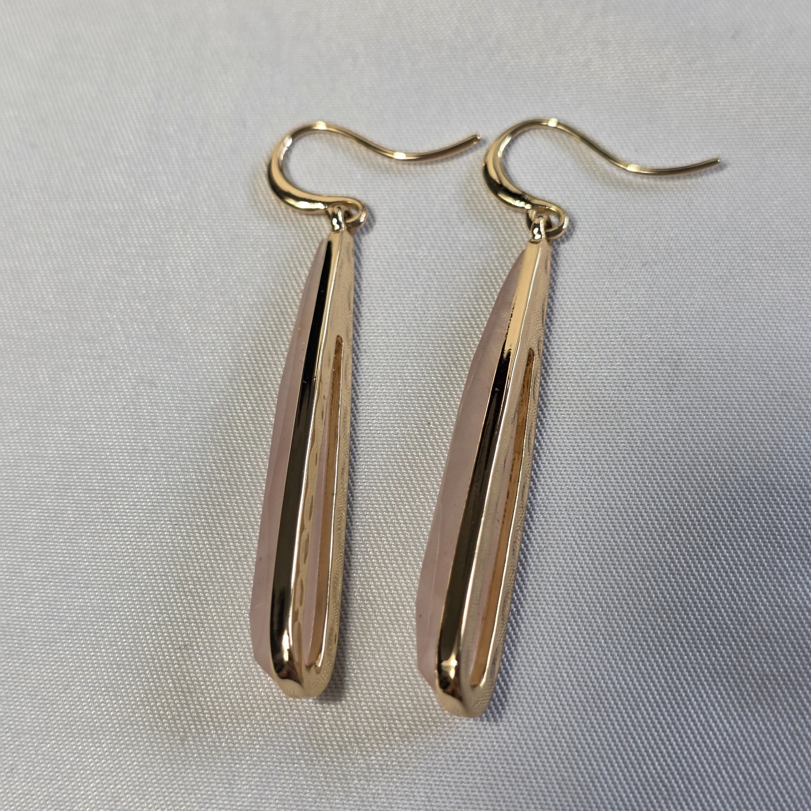 Linear Drop Wire Earrings Elongated Rose Quartz Teardrops in Gold-Tone Metal