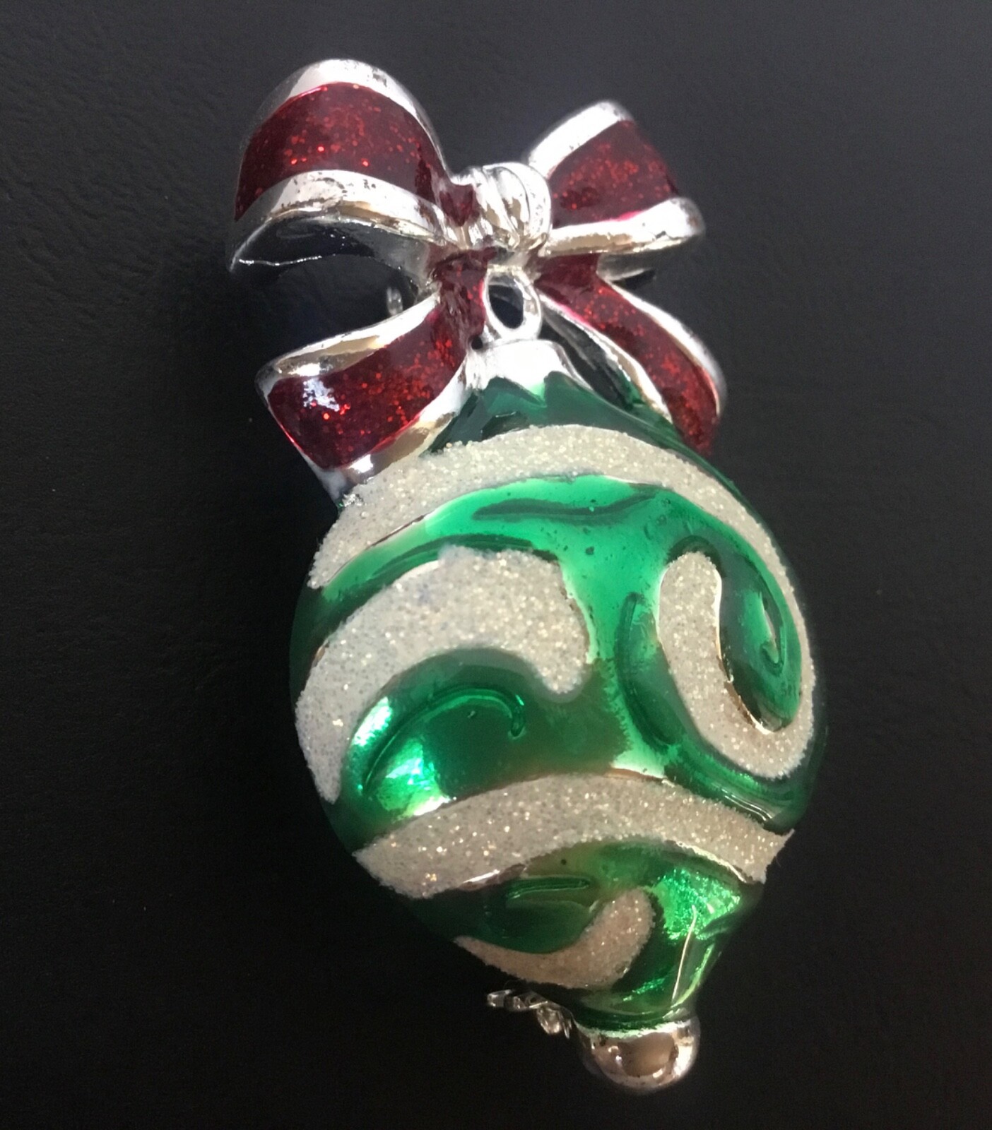 DANECRAFT Christmas Ornament Pin Silver Tone Red & Green Enamel Sparkles