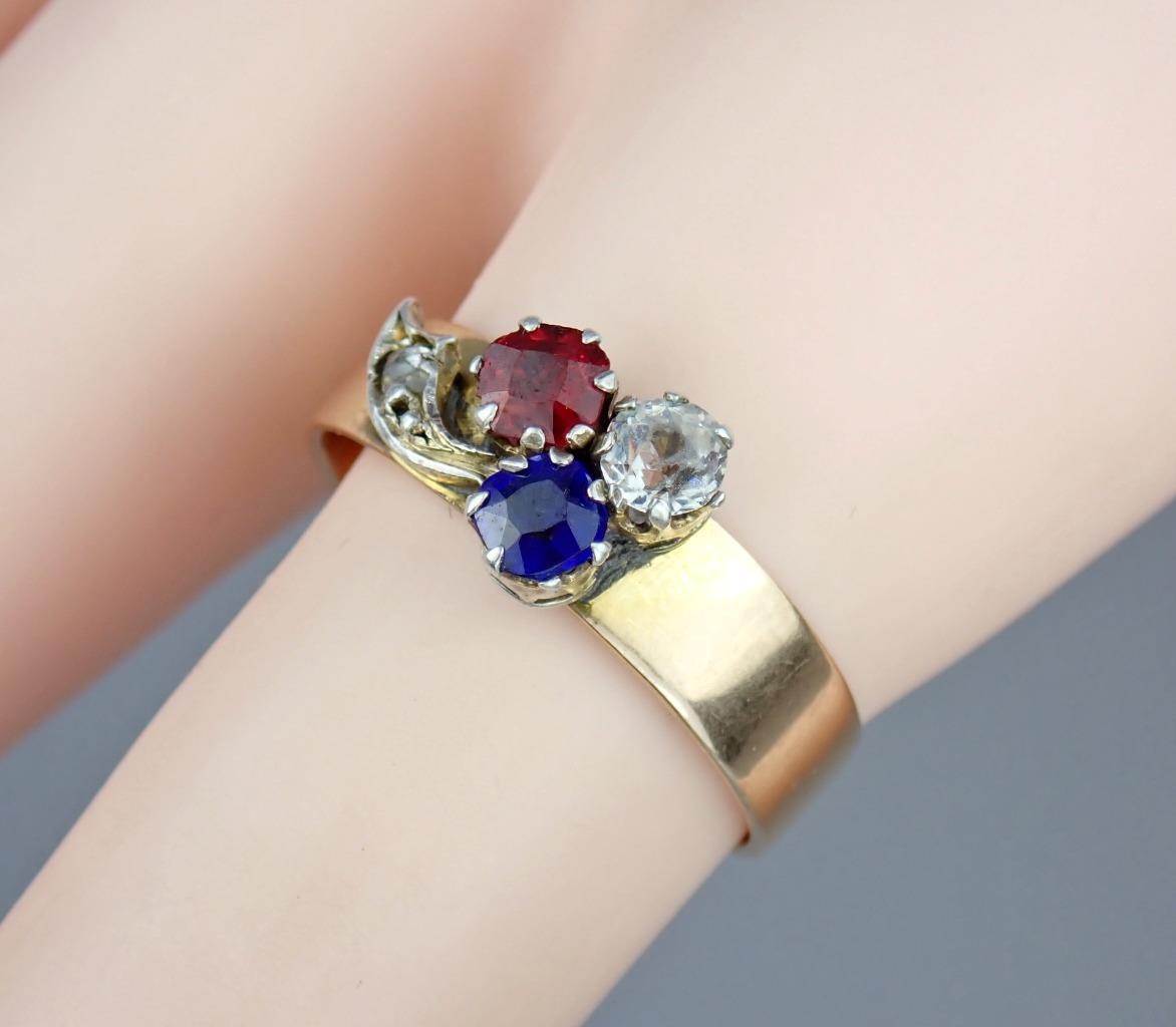Charming Antique Victorian 14K Rose Gold Red White Blue Paste Floral Ring Size 8