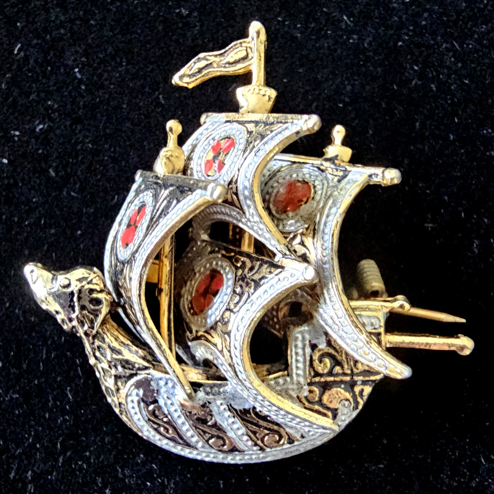 Vintage Damascene Spanish Galleon Ship Brooch Red Enamel Details Signed 1.5″