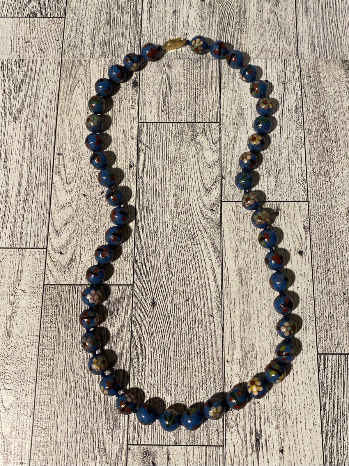 Vintage Cloisonne Bead Necklace Chinese Export Blue Pink Red Flower Beaded 25”