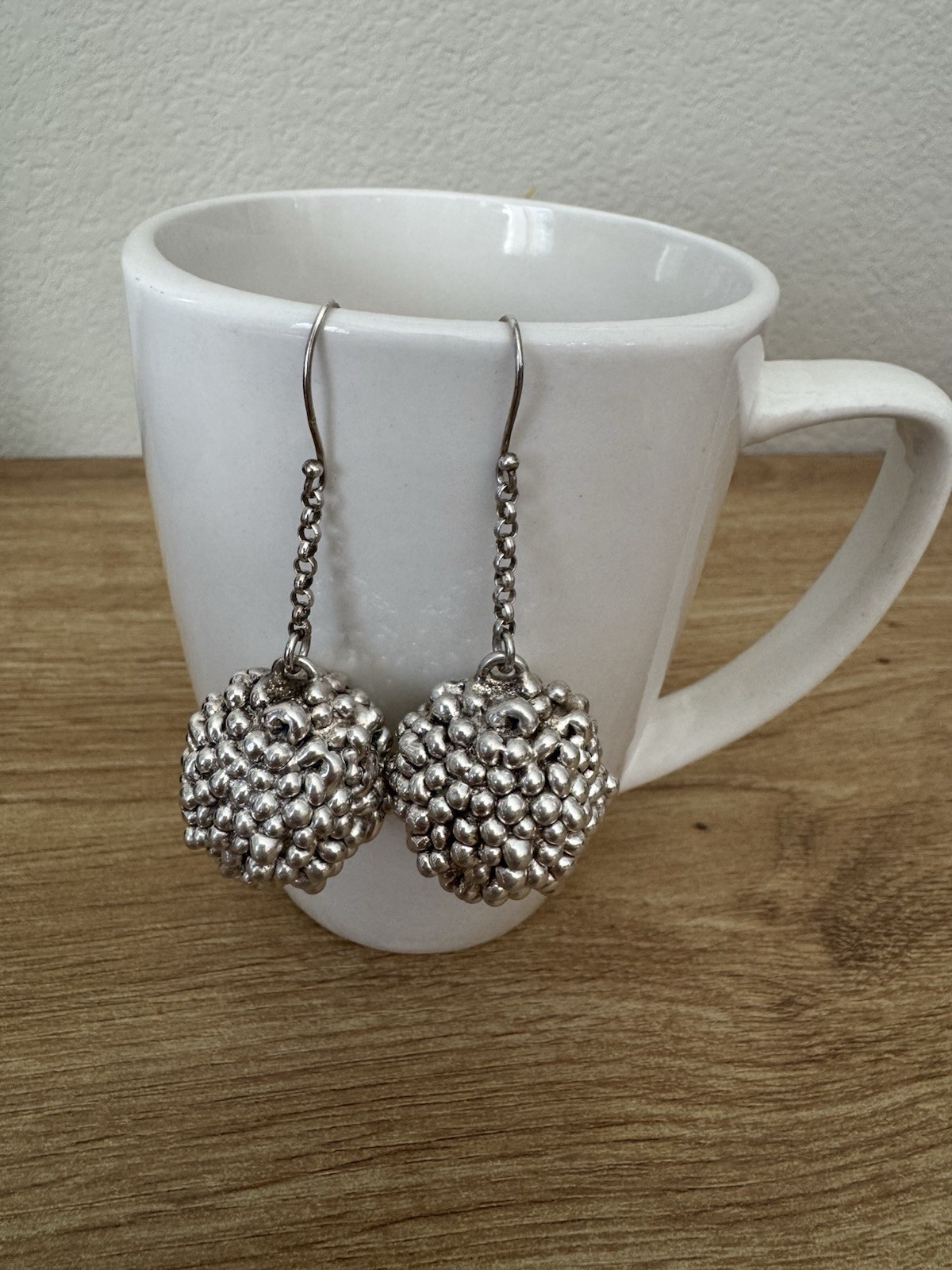Vintage Silver Tone Textured Round Cluster Ball Dangle Drop Hook Earrings