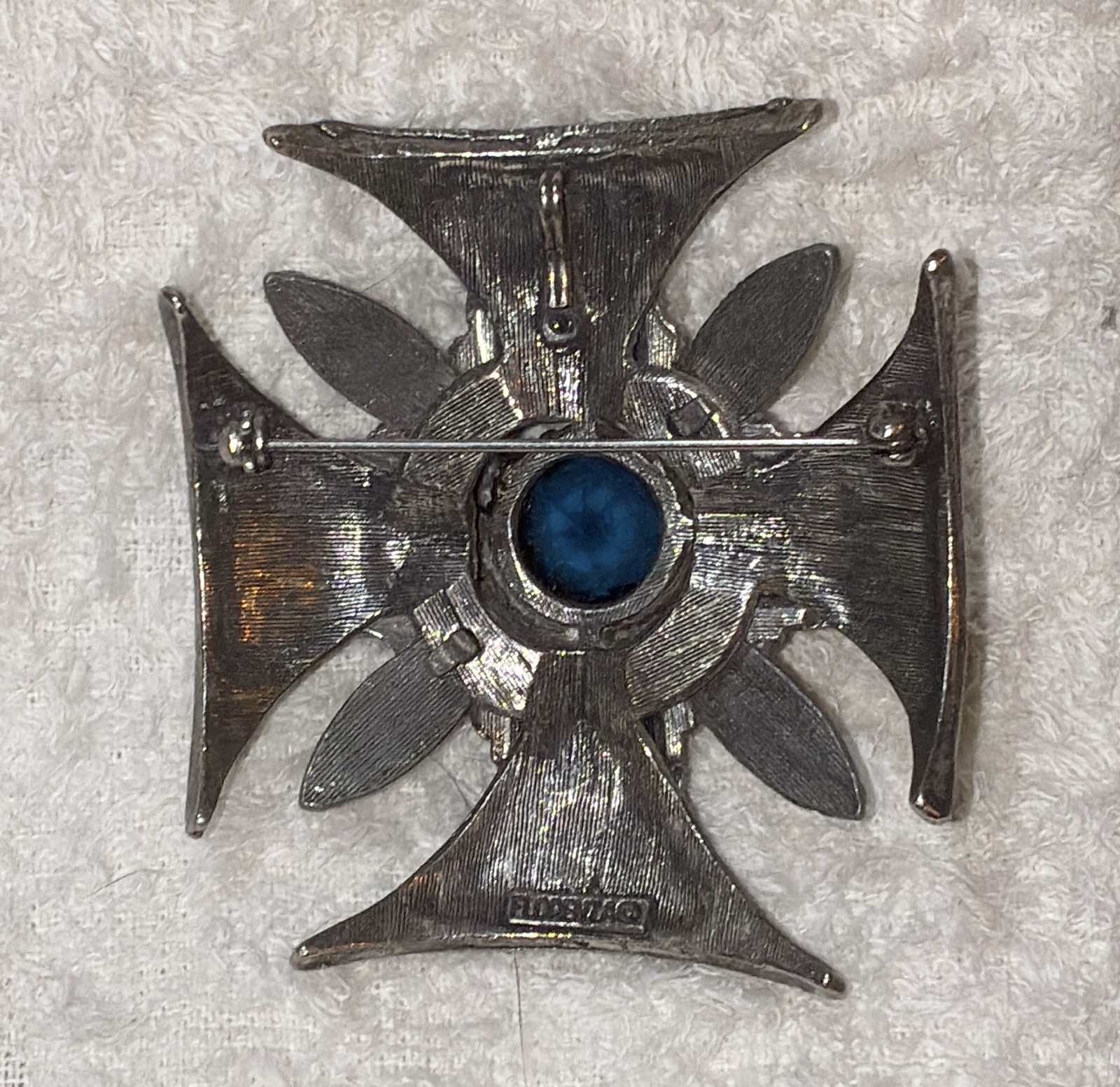 Vintage FLORENZA pendant brooch MALTESE CROSS IRON unknown gemstone medieval