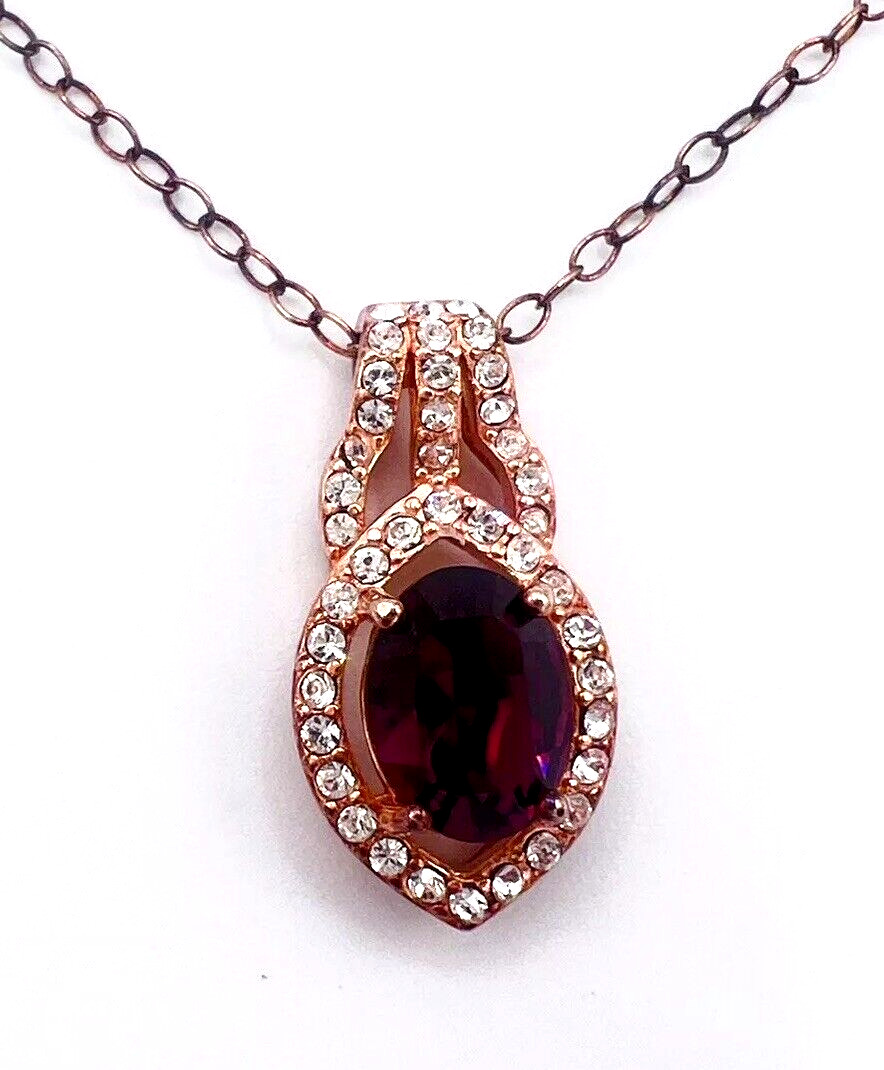Vintage Rose Gold Tone Sterling Silver Purple Crystal Pendant Necklace