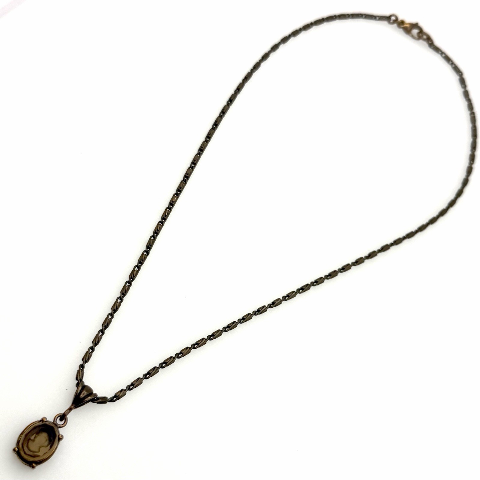 Extasia Signed EXT Vintage Style Bronze Fob Pendant Necklace Smoky Brown Glass