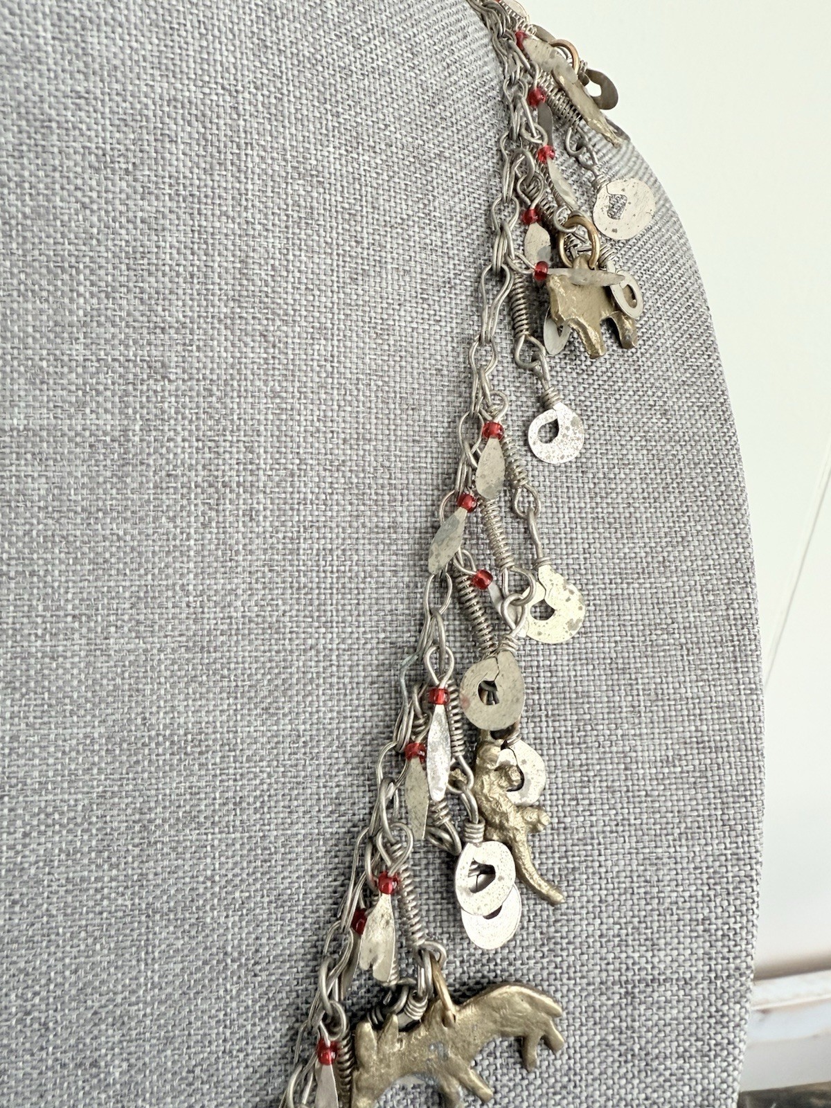 Vintage Silver Tone Cha Cha Statement Necklace, Tribal Charm Necklace Animals