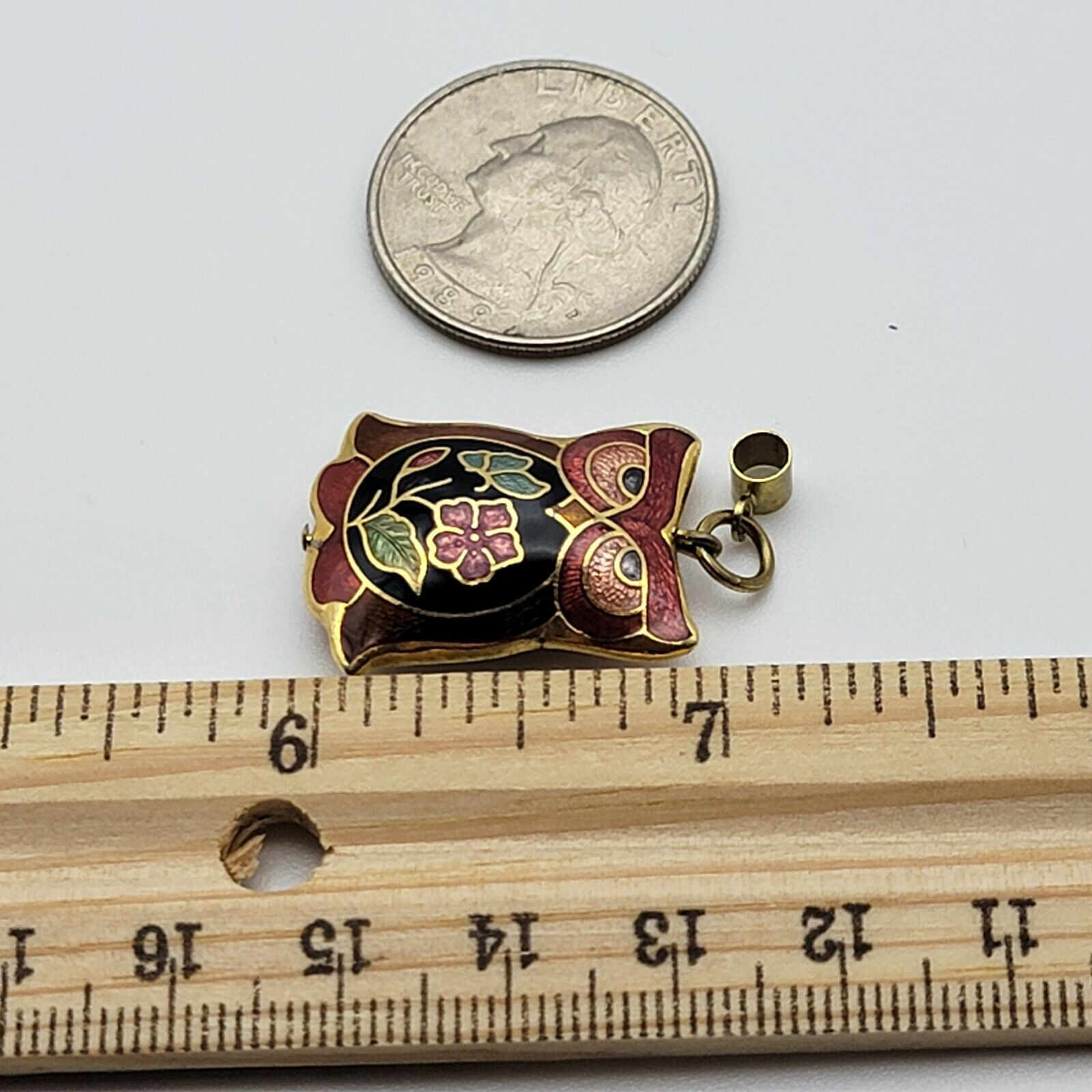 Vintage Yellow Gold Plated Multicolor Cloisonne OWL Pendant 1 In Reversible