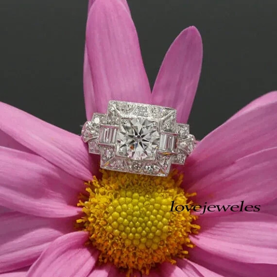 Round Cut 2.51CT Real Moissanite Women Vintage Art Deco Ring 14K White Gold Over
