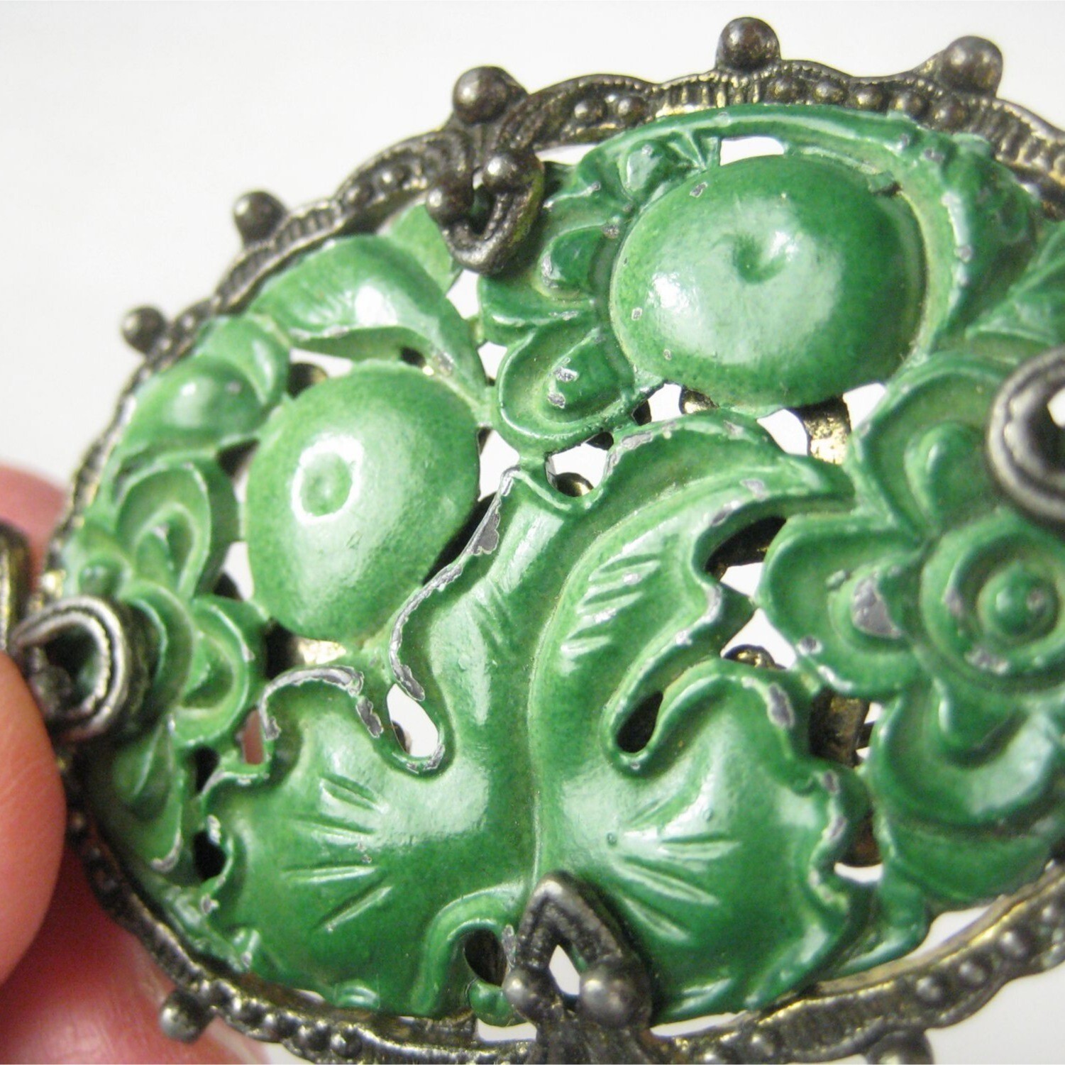 Victorian Repousse Enamel Metal Brooch Pin Silvetone Vintage Estate Leaf