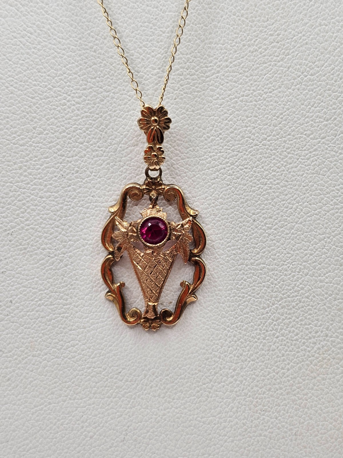 Antique 10k gold garnet Emco lavalier style pendant necklace art deco floral