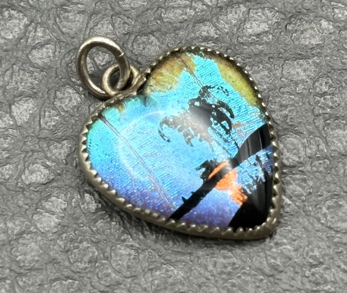 Morpho Heart Shaped Tropical Sunset Pendant Palm Tree Charm Vintage Silver Tone