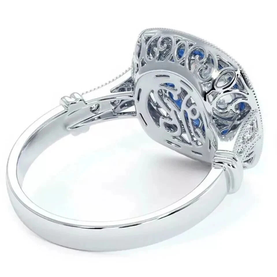 Art Deco Style Lab Created Diamond & Sapphire Wedding 14K White Gold Finish Ring