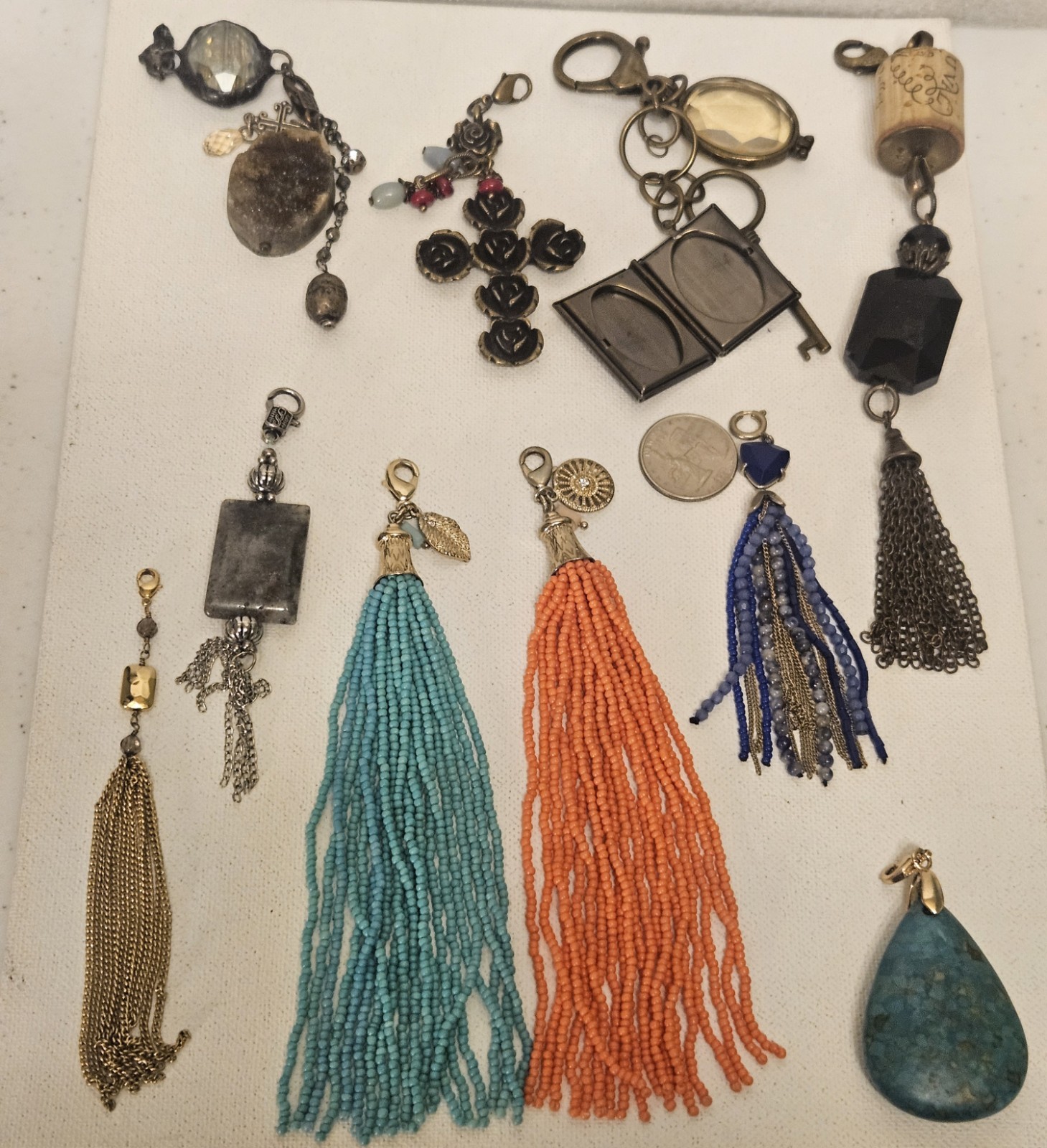 LOT OF 10 PENDANTS WITH LOBSTER HOOK LOCKET TASSELS CHARMS MARKED UNMARKED