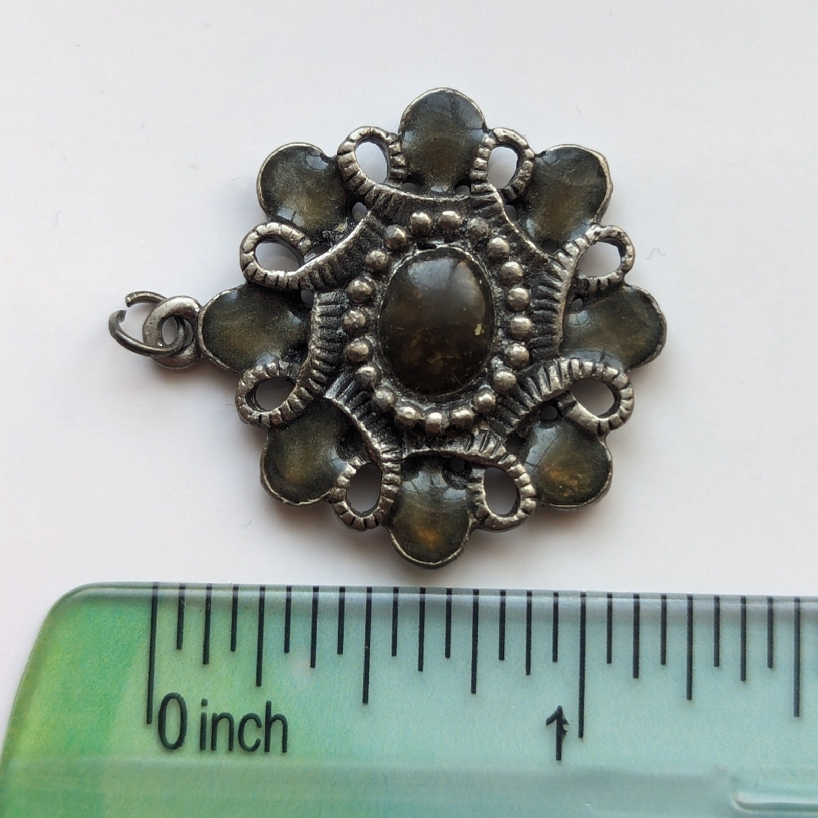 Vintage Silver Tone Enamel Rustic Faux Onyx Cabochon Twisted Floral Pendant