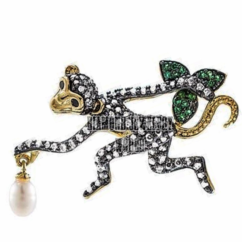 Stunning 2.08ctw Rose Cut Diamond Gemstone Silver Vintage Monkey Brooch Jewelry