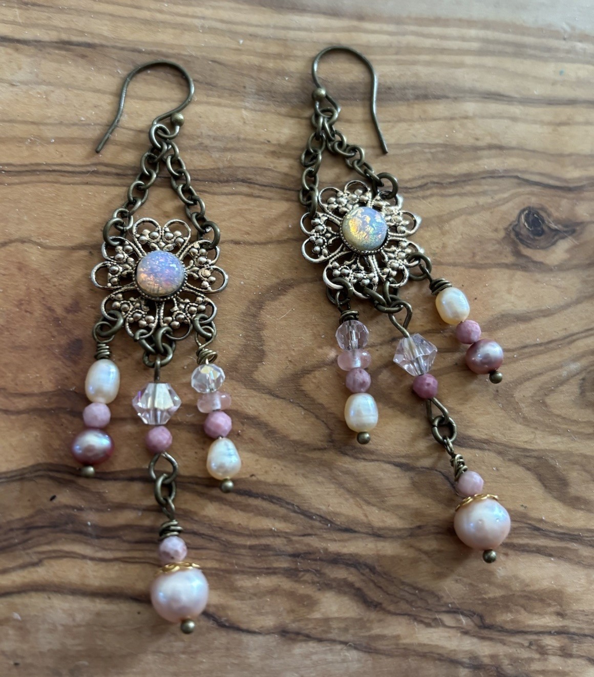 Vintage Boho Earrings Brass-Tone w/Opal-Glass on Alloy Filigree, Pearl+ danglers