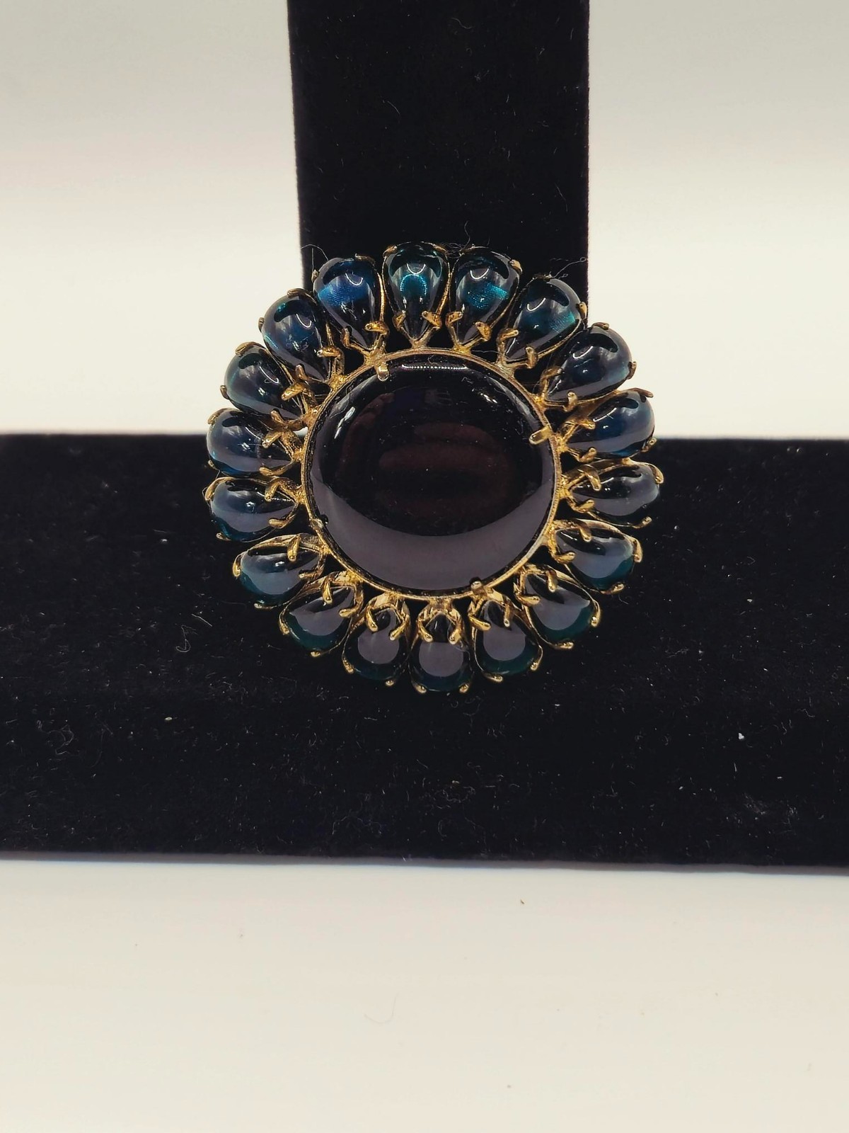 VTG Louis Rousselet French Art Glass Brooch Dark Cobalt Blue Cabochon Pin France