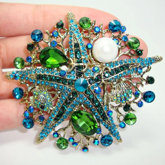 3.0″ Unique Starfish Pearl Green Rhinestone Crystal Brooch Pin Gold-Tone