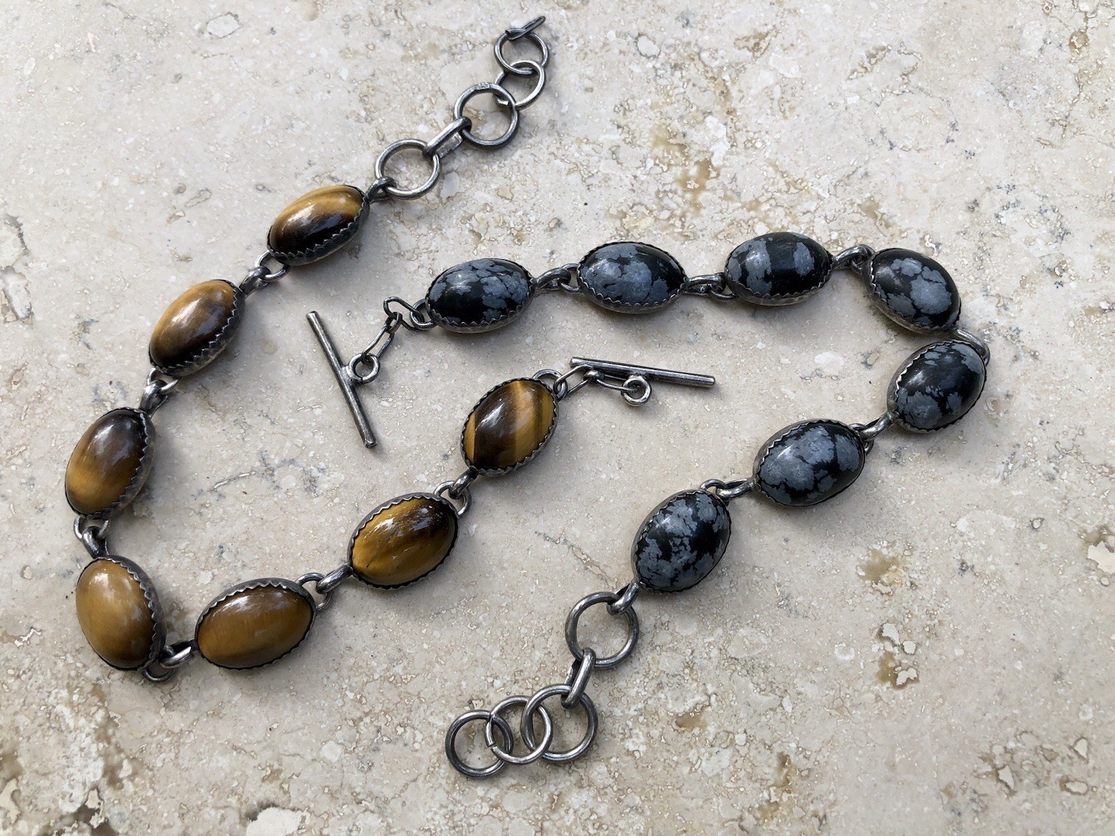 🐯🖤 ✨VINTAGE STERLING SILVER TIGER’S EYE OBSIDIAN Toggle Bracelet Set LOT ✨🖤🐯