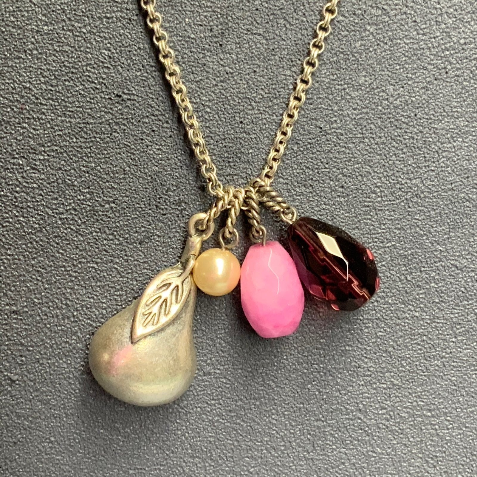 AEO Pear Pendant Necklace 25 In Pink Pearl Purple Dangle Charms Silver
