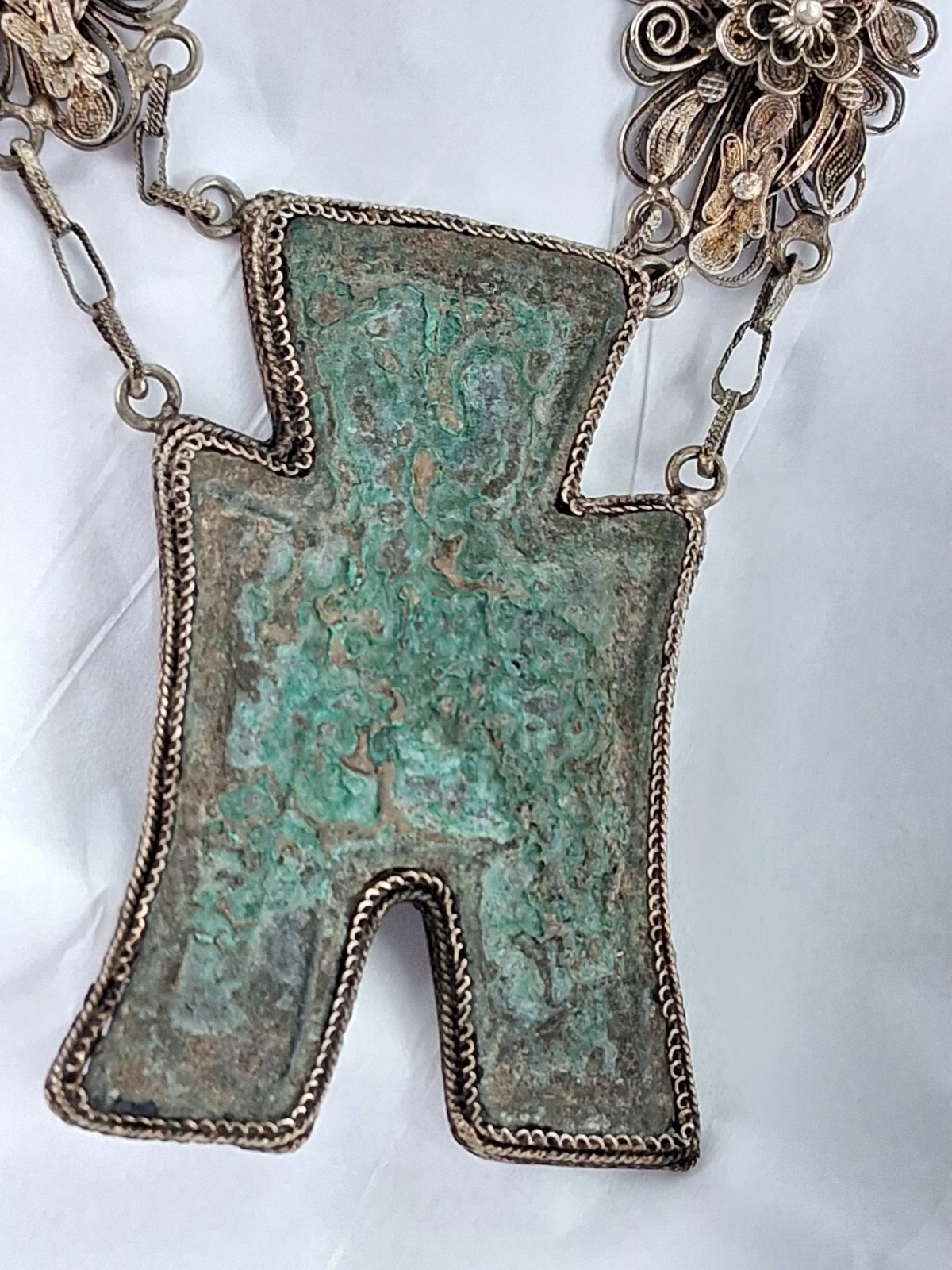Rare Refined Art Deco Chinese Export Filigree Necklace Spade Money YAN